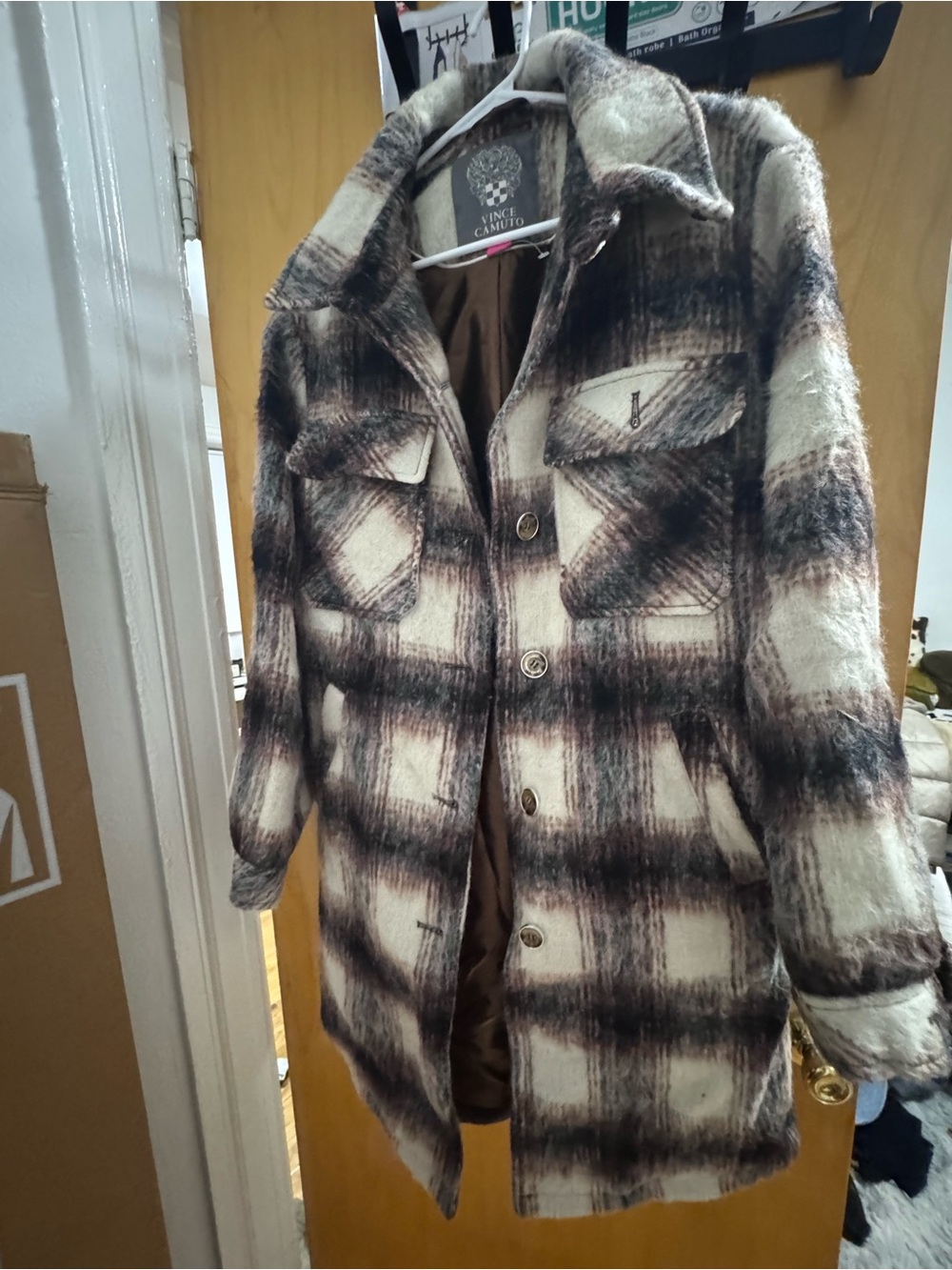 Vince Camuto Brown and Cream Plaid Pea Coat